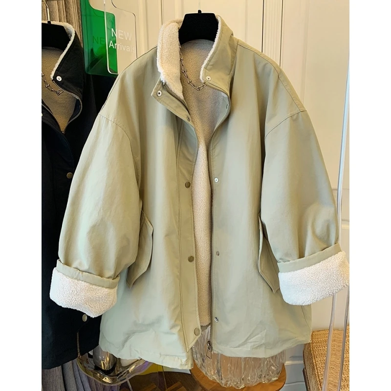 超好看工装风毛茸茸棉服棉衣宽松保暖大衣中长款外套女2024冬新款