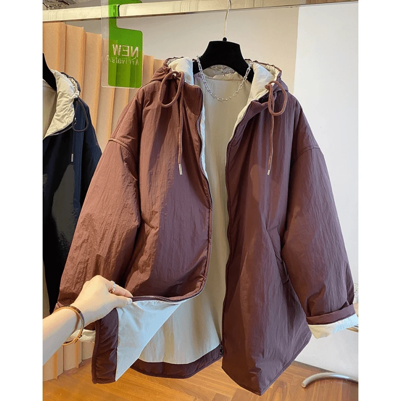 连帽轻薄棉衣棉服女冬季中长款2024新款韩版宽松休闲保暖夹棉外套