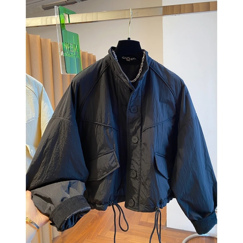 欧洲站立领拼接棉服2024秋新款宽松休闲时尚下摆抽绳外套女上衣