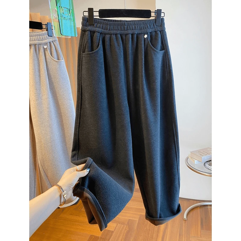 2024新款韩版气质百搭休闲加厚毛呢裤女秋冬哈伦裤奶奶裤八分裤子