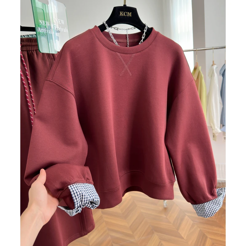 格子拼接红色宽松长袖卫衣女宽松显瘦a版半身裙两件套2024秋季新