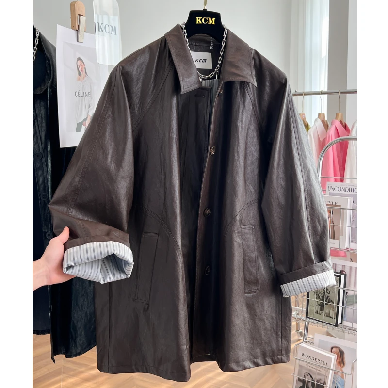 美式复古高级感咖色翻领皮衣夹克外套女2024秋冬新款松弛感风衣