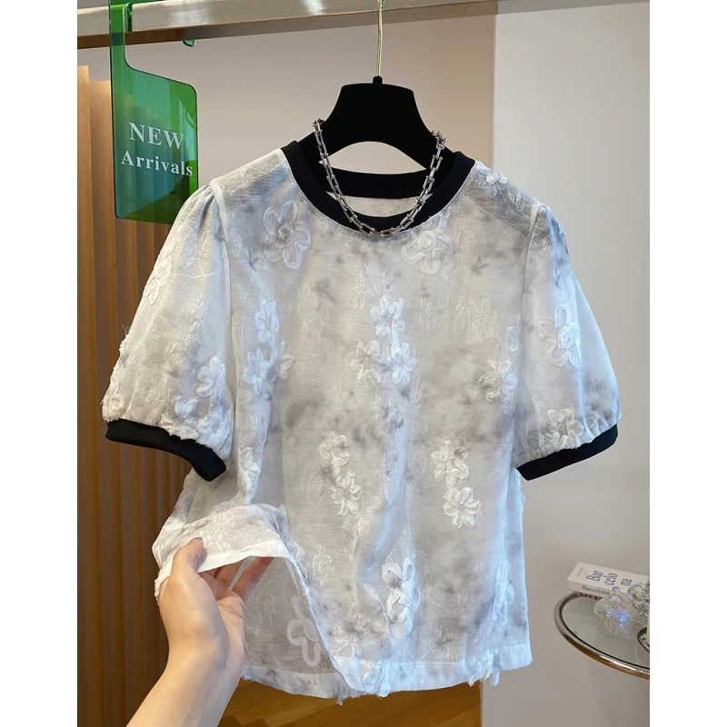 超仙甜美漂亮洋气小衫雪纺上衣女宽松套头圆领短袖衬衫2024夏季新