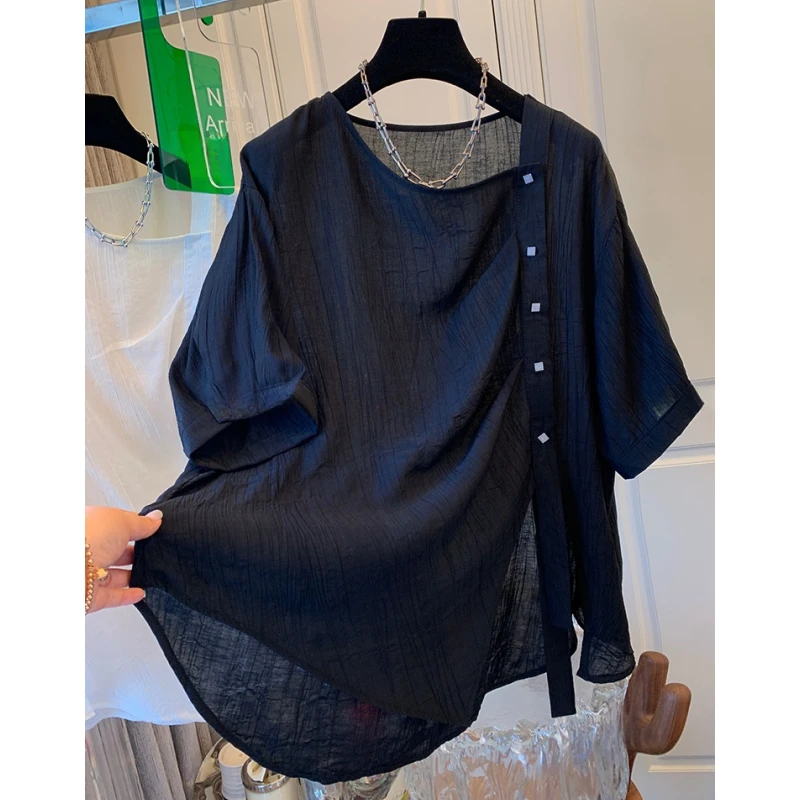 高级感法式独特褶皱不规则短袖衬衫宽松休闲上衣T恤女2024夏新款