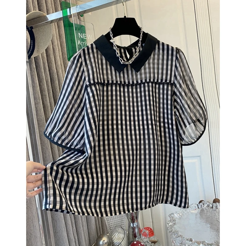 超好看法式气质格子泡泡袖娃娃领短袖衬衫宽松休闲上衣2024夏新款
