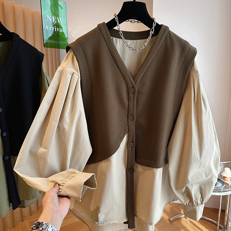 设计感小众宽松休闲撞色马甲拼接假两件衬衫外套女春V领开衫上衣