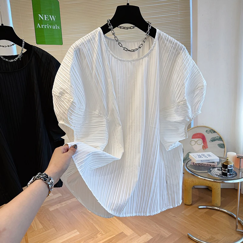 极简设计感小众褶皱肌理感圆领短袖衬衫女泡泡袖大版洋气小衫上衣