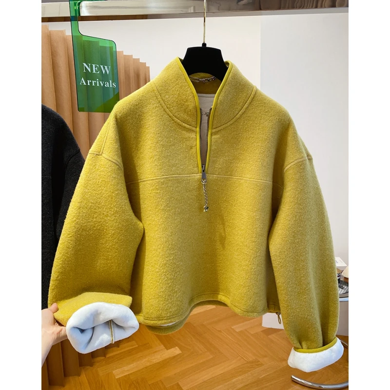 高级感半拉链立领卫衣女加绒加厚2024秋冬新款宽松毛茸茸高领上衣