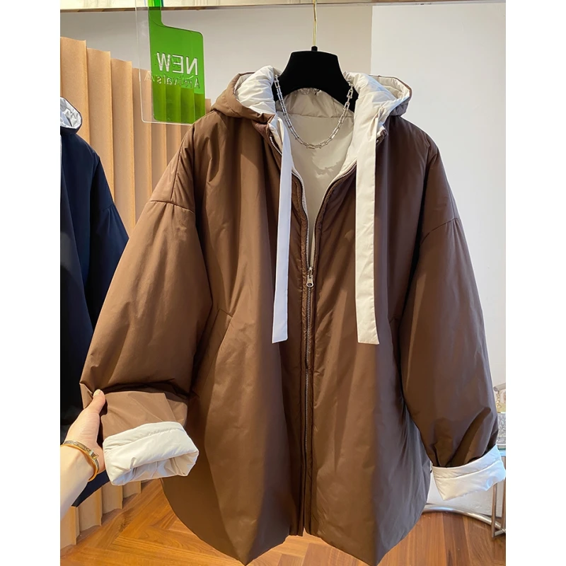 高级感撞色拼接连帽棉服女秋冬季2024新款宽松轻薄中长款夹棉外套