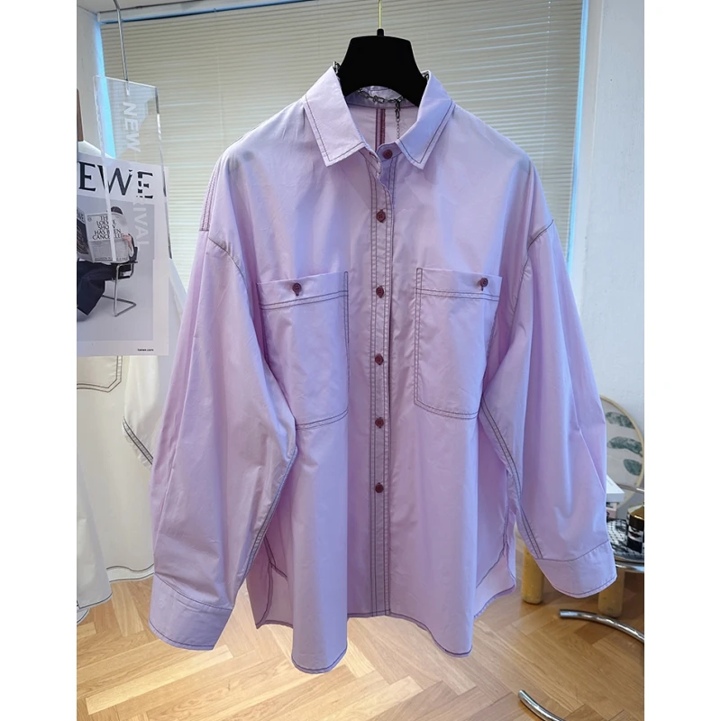 欧货设计感小众宽松休闲明线拼接香芋淡紫色衬衫女百搭防晒上衣春