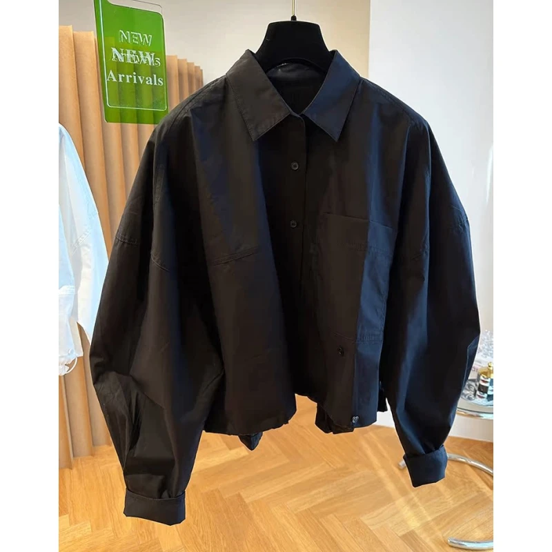 韩国设计感小众宽松休闲不对称黑色衬衫女早秋装时尚别致棉布上衣