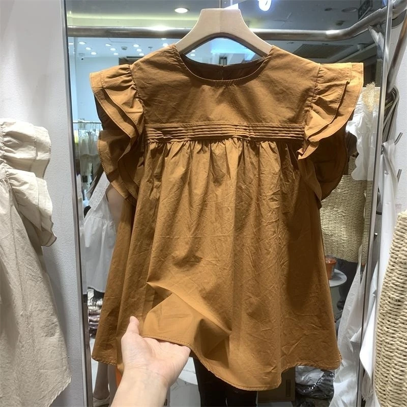 飞飞袖娃娃衫女荷叶边衬衫2024年夏季新款遮肚子小众独特别致上衣