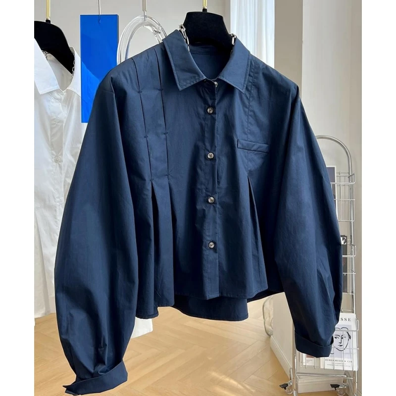 设计感小众重工褶皱高端棉布短款长袖衬衫女早春季洋气法式上衣潮