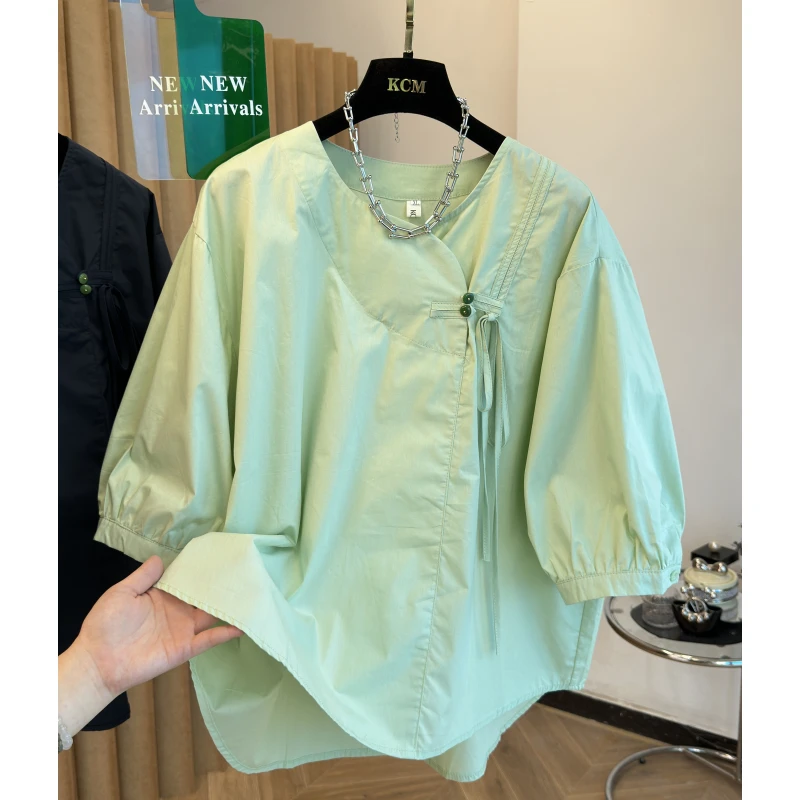 2024夏季新款新中式高级感盘扣短袖衬衫女国潮宽松时尚七分袖上衣