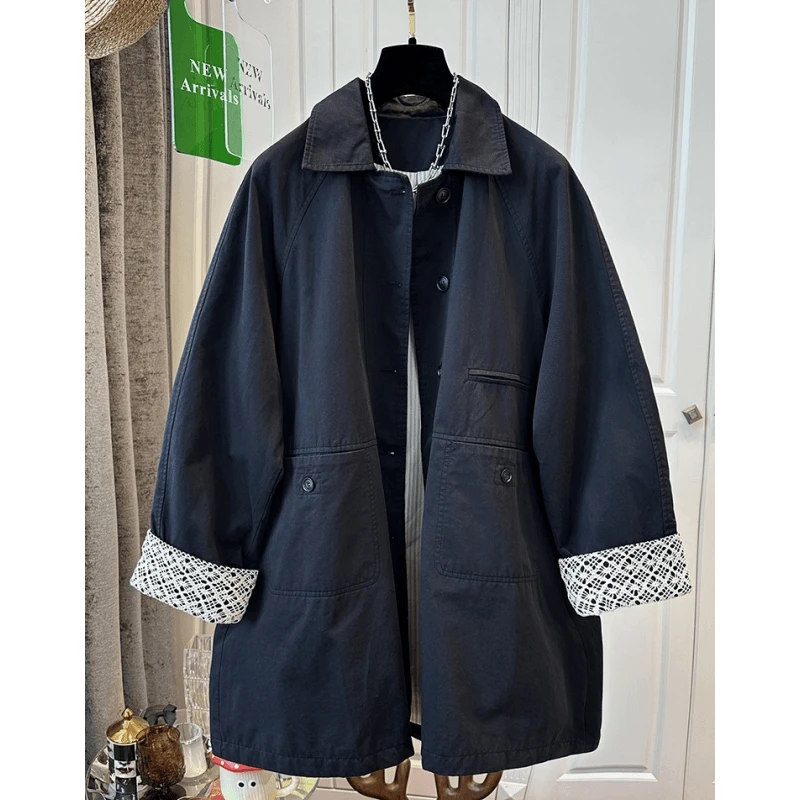 欧洲站蕾丝拼接袖口黑色翻领风衣女外套中长款宽松洋气秋2024新款