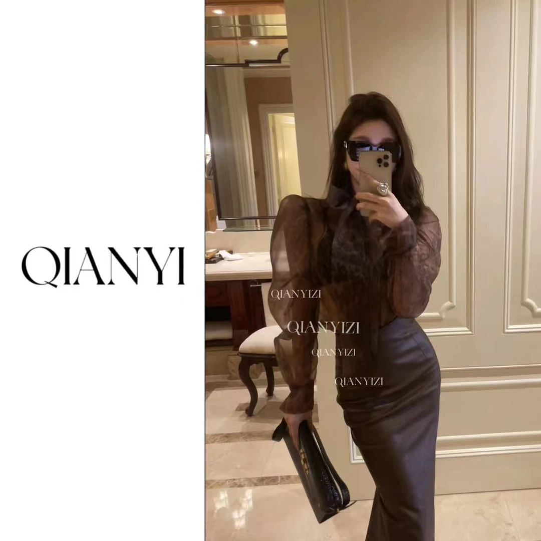 千亿罪爱豹纹透视蝴蝶结衬衫