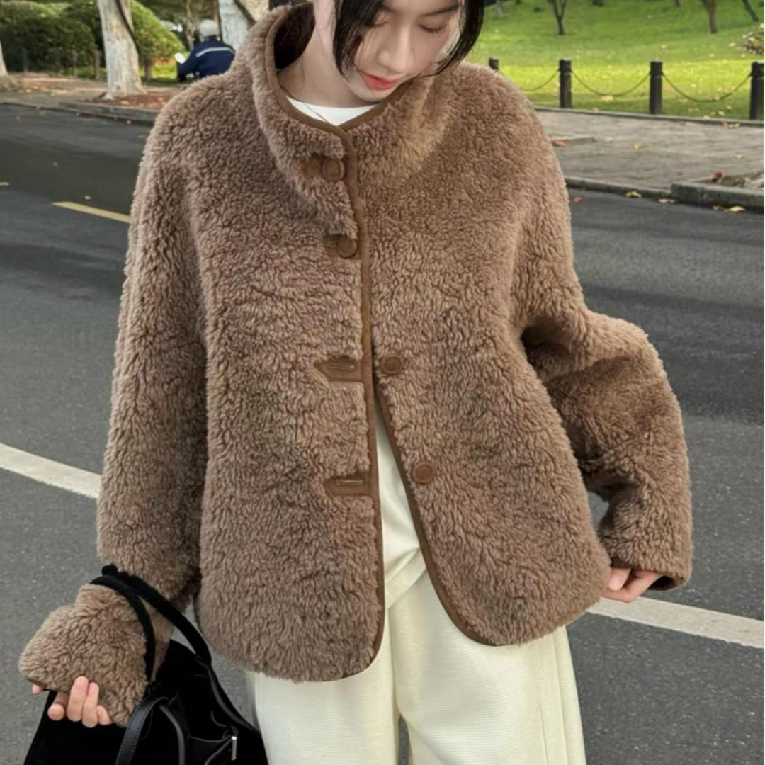 海宁新款冬季反绒面双面穿立领羊毛外套女