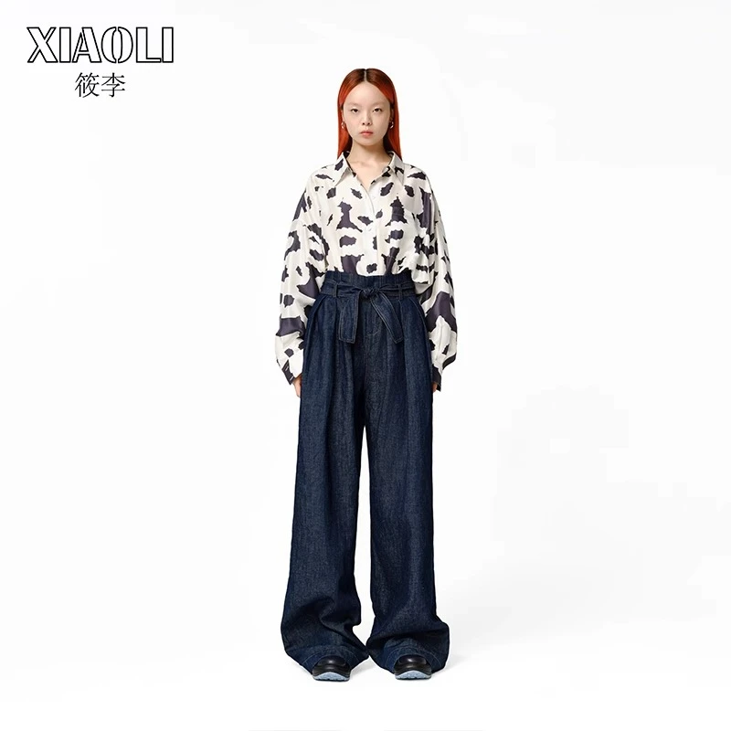 XIAOLI筱李 24春夏新品黑白蕾丝印花宽松双宫桑蚕丝真丝衬衫