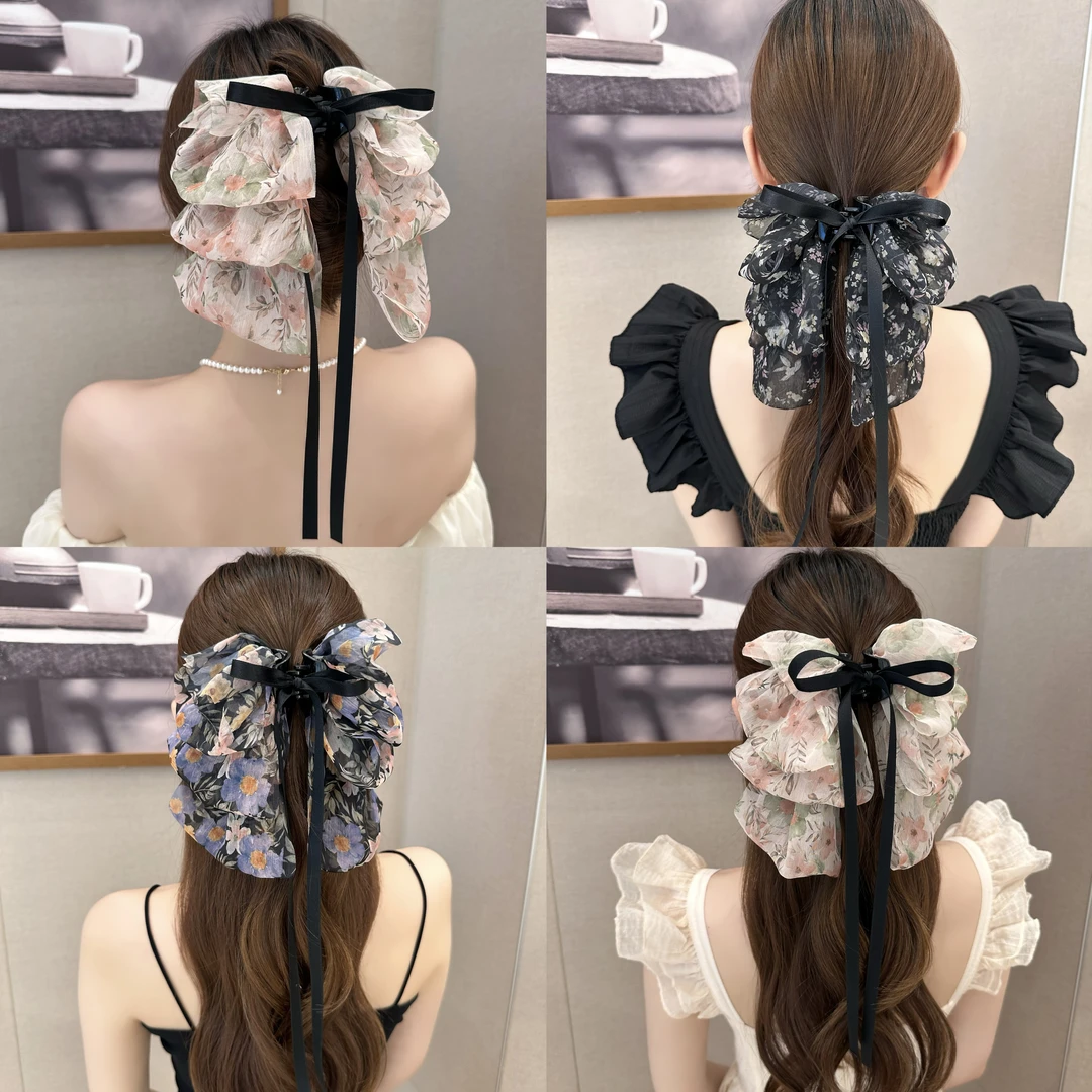 碎花雪纺蝴蝶结飘带抓夹气质超仙百搭盘发夹仙女甜美