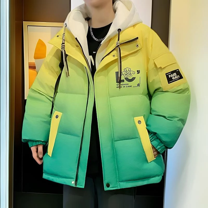 渐变色羽绒服男款冬季加厚保暖外套男连帽潮牌青少年假两件防寒服