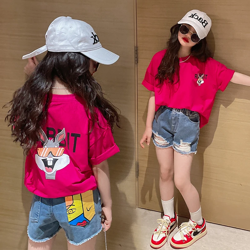 【100%纯棉】女童中大童T恤夏装2023新款洋气百搭小女孩半袖打底衫