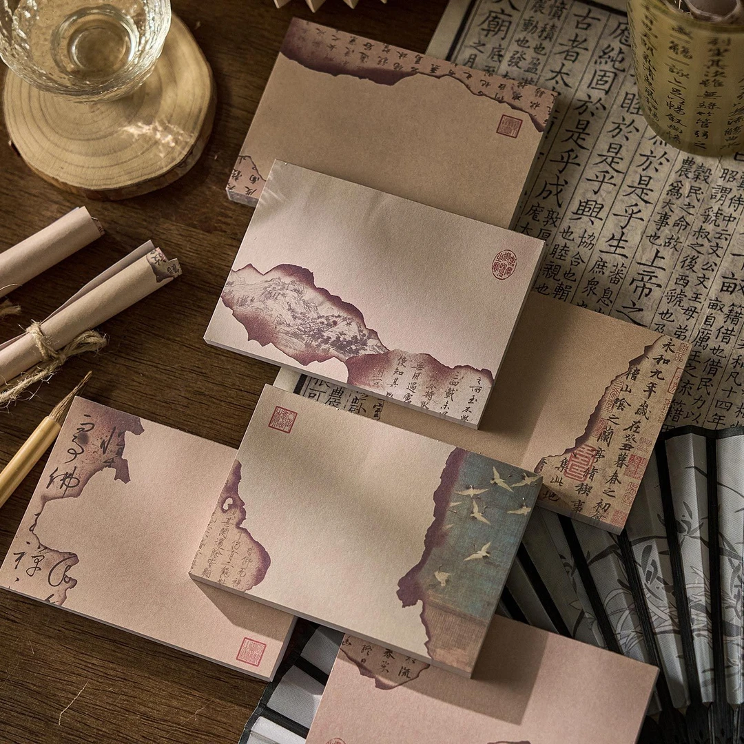 80张兰亭序古风便签本创意复古烧焦无粘性手账素材纸DIY拼贴留言
