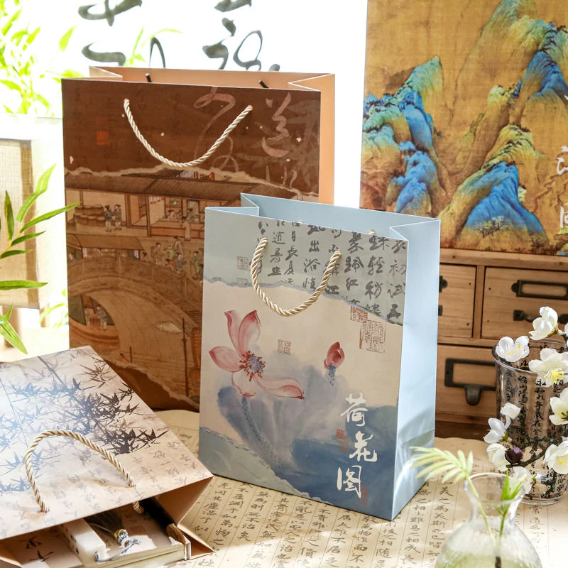 晚川逢月古风插画礼品袋古典中国风书法名画生日礼物袋手提纸袋子