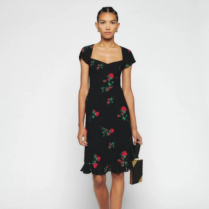 485夏新款2022印花过膝方领中长款修身连衣裙子法式复古女装