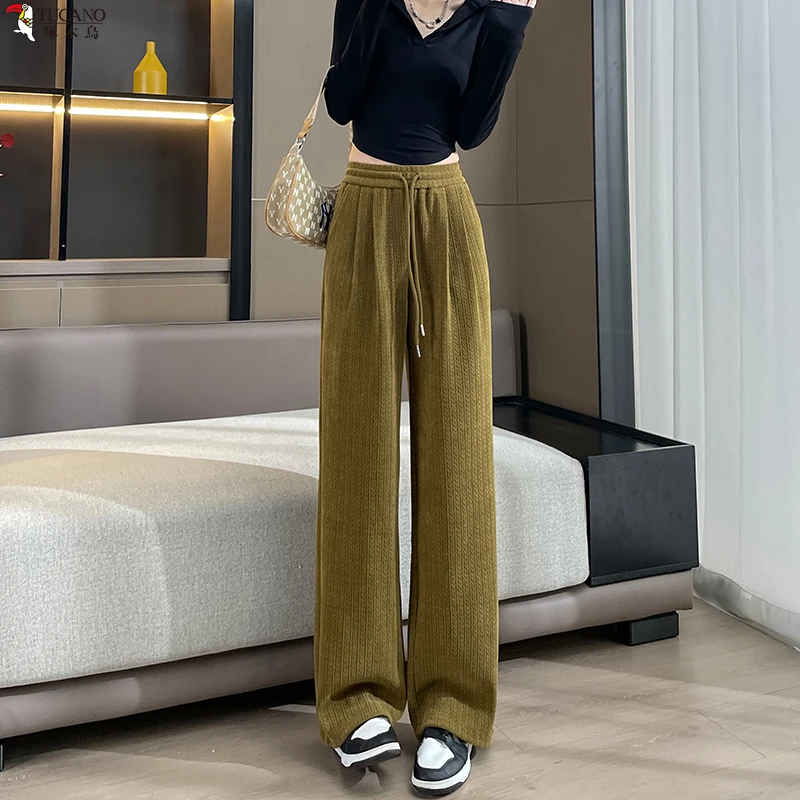 TUCANO/啄木鳥窄版阔腿裤女春秋2023新款松紧高腰宽松休闲直筒裤