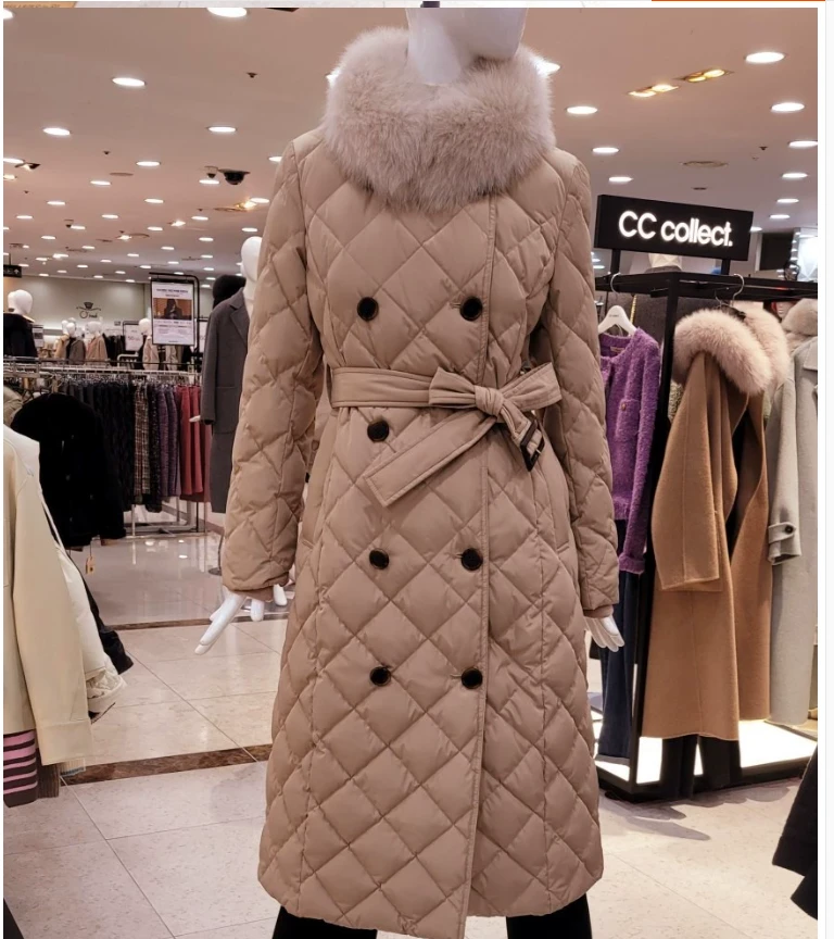 2025新款韩收腰显瘦淑女气质双排扣中长款鹅绒狐狸毛领羽绒服193