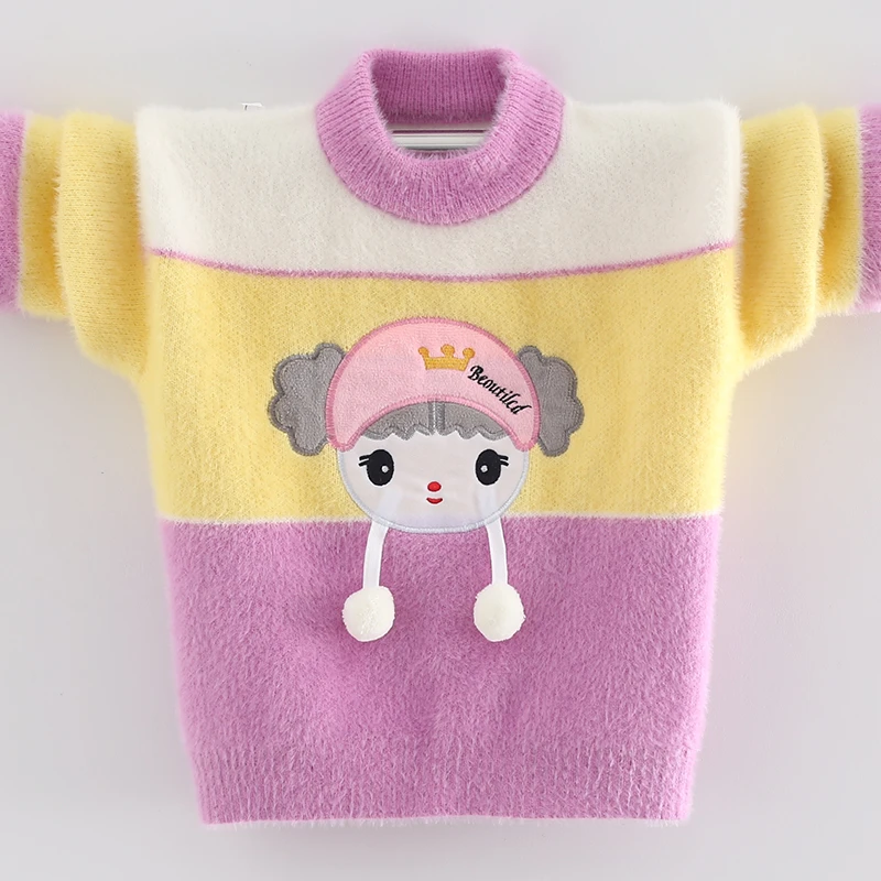 女童毛衣套头秋冬仿水貂绒儿童毛衫长袖圆领小女孩卡通娃娃针织衫
