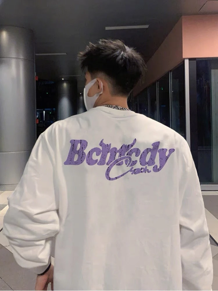 美式潮牌字母印花纯棉长袖T恤男圆领ins小众设计感宽松打底衫上衣