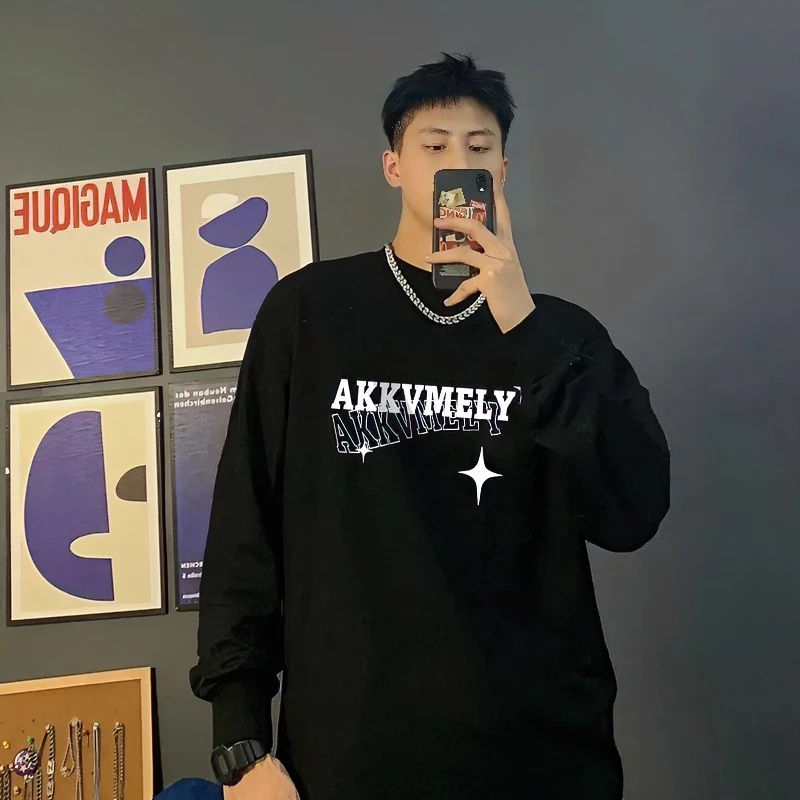 260g美式复古字母印花重磅高街男秋季长袖打底衫t恤街头潮牌上衣