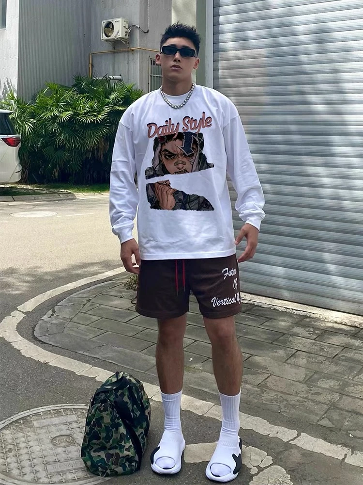 hiphop美式复古字母印花圆领长袖T恤男女ins高街潮牌宽松打底上衣