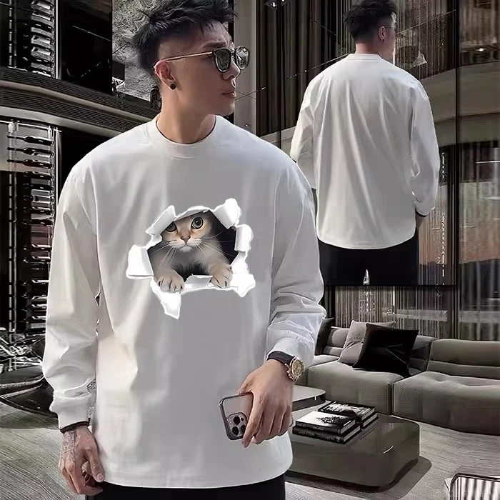 美式复古猫咪印花ins长袖T恤男秋冬百搭时尚重磅宽松打底上衣衫