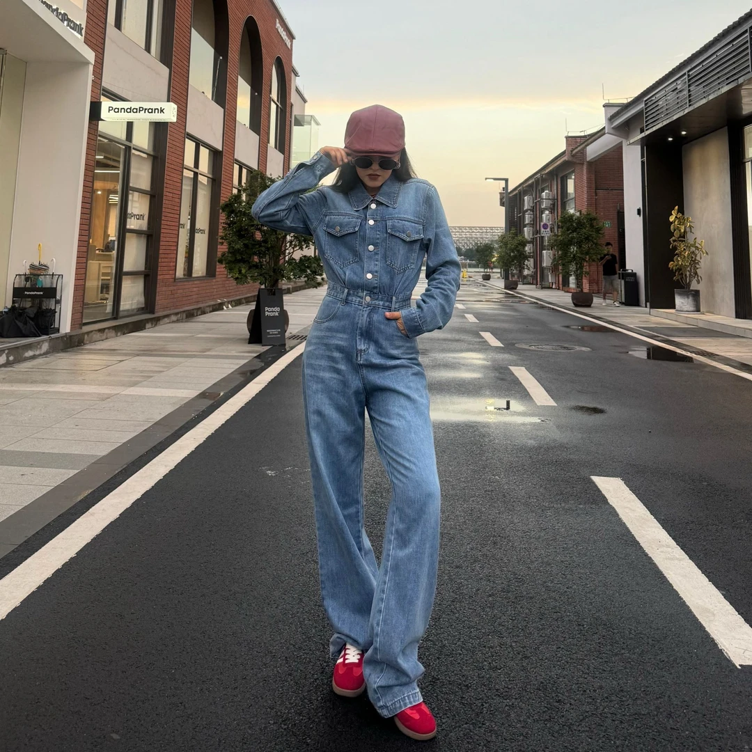 连体衣2024年新款爆款加长连体裤显瘦气质长袖牛仔直筒时尚0011