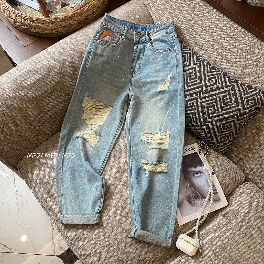 【魔法袋】·满天星·闪钻破洞牛仔休闲裤女2025春夏季薄款萝卜九分裤