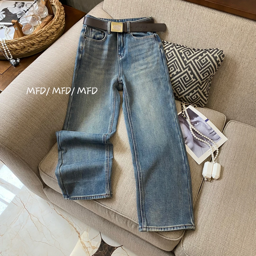 【魔法袋】加绒拖地裤女蓝色冬季款欧货宽松弹力刺绣窄版直筒牛仔裤