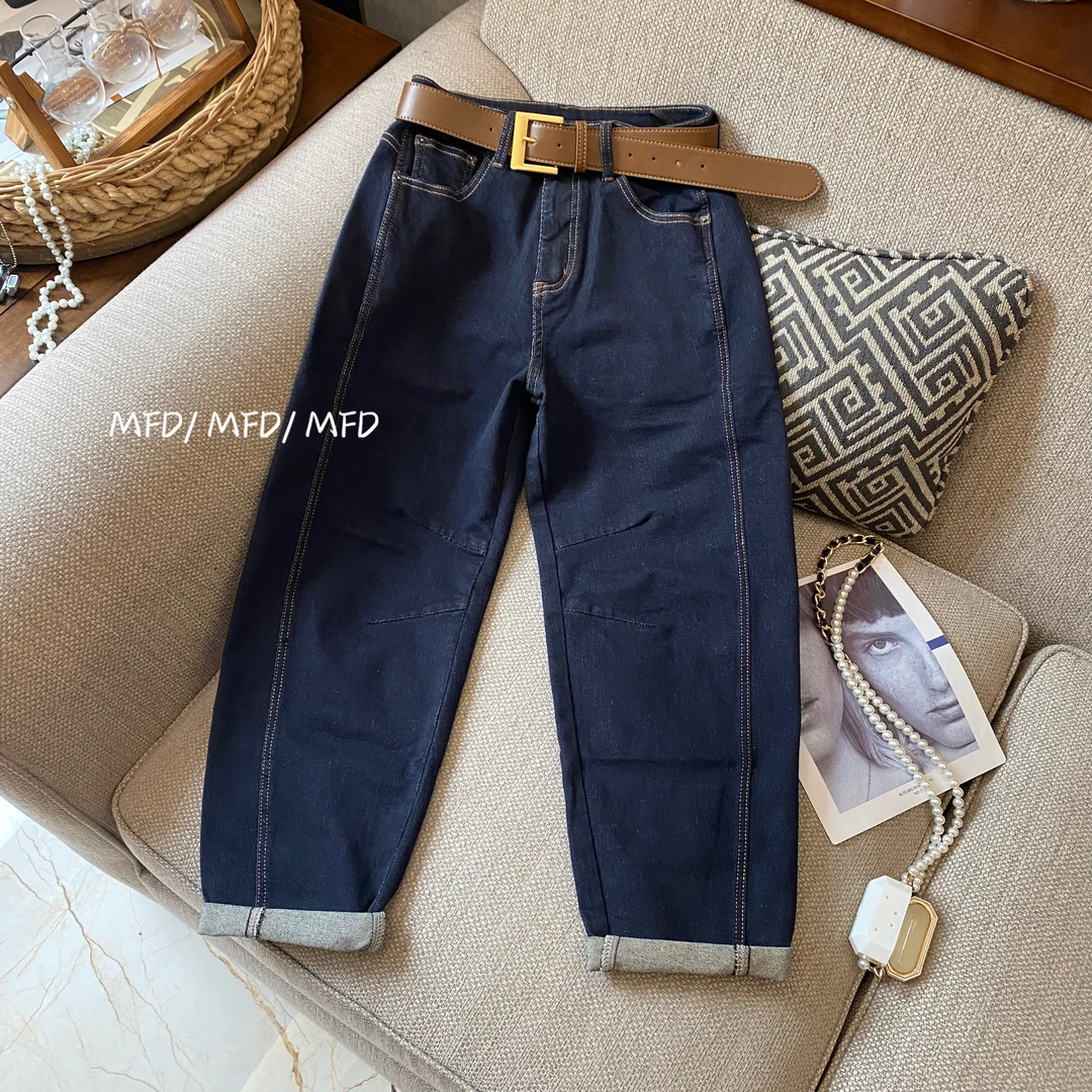 【魔法袋】老爹裤普蓝色2024秋季新款牛仔裤女宽松弹力显瘦九分垮裤