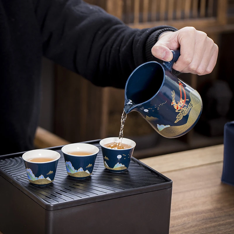 霁蓝陶瓷茶海快客杯一壶四杯实木杯把户外一人茶具套装茶盘简茶杯