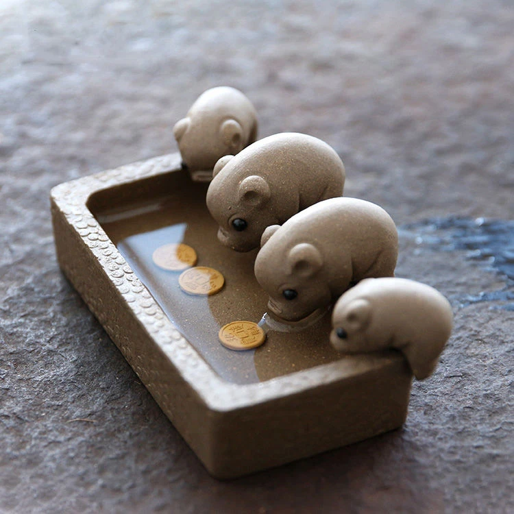 宠粉福利四只小猪喝水手工段泥宜兴精品茶玩摆件茶具配件丰衣足食