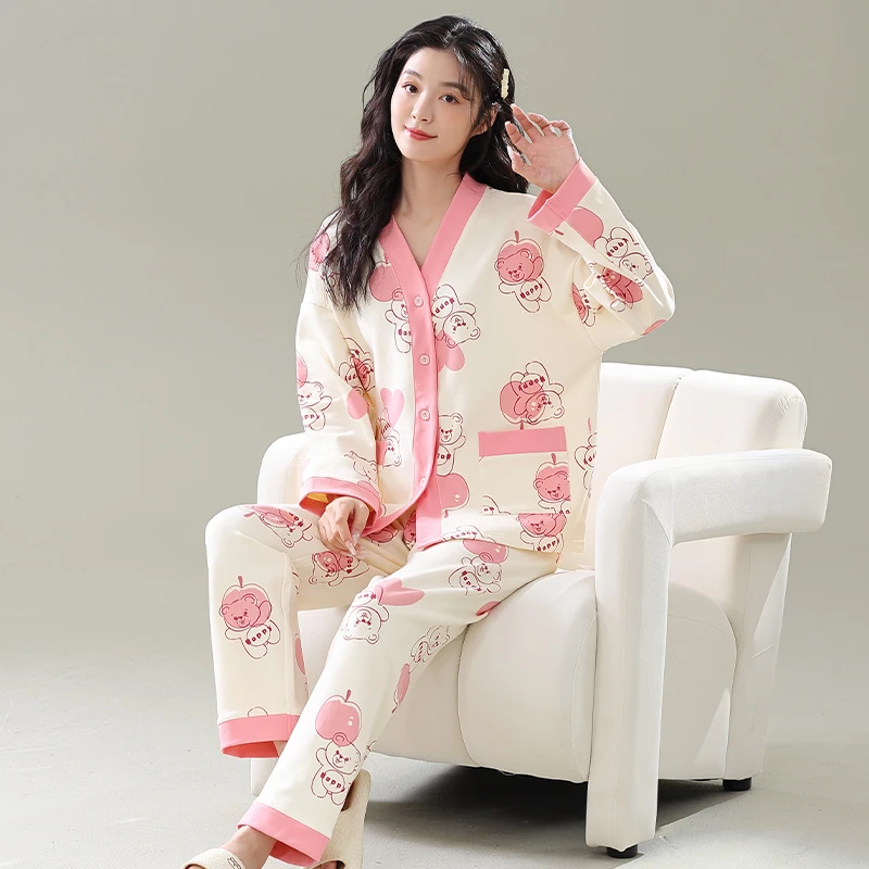 春秋季新款睡衣女套装高颜值粉色爱心小熊长袖学生超仙舒适家居服