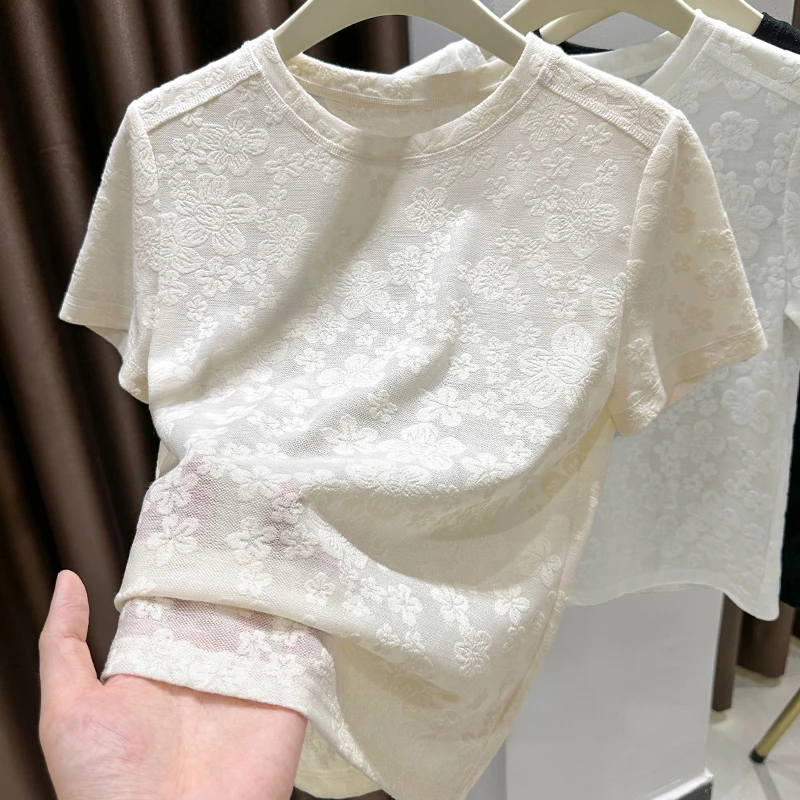 杏色法式蕾丝提花高级感气质短袖小衫女夏季洋气正肩轻薄T恤上衣