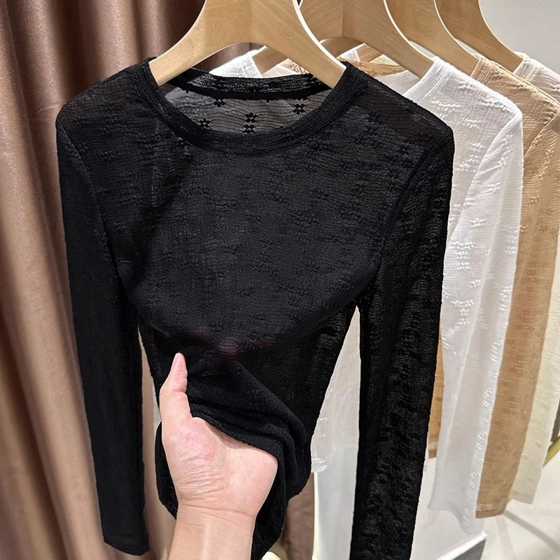 黑色蕾丝打底衫2024秋冬新款女高级感洋气内搭长袖纱衣网纱上衣薄