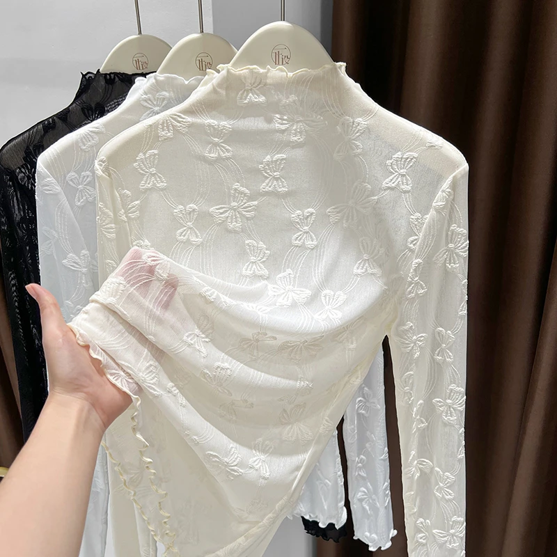 秋冬季杏色半高领修身长袖蕾丝打底女木耳边纯色提花网纱内搭上衣