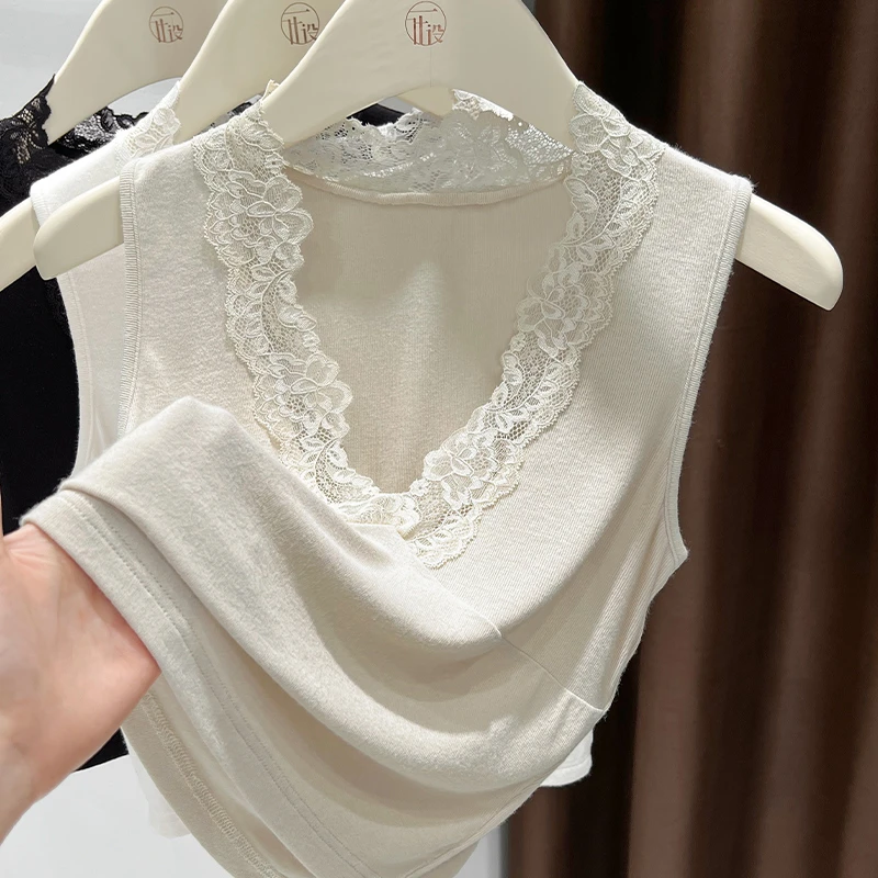 秋季气质蕾丝花边V领修身无袖打底吊带可外穿高级感修身薄款背心