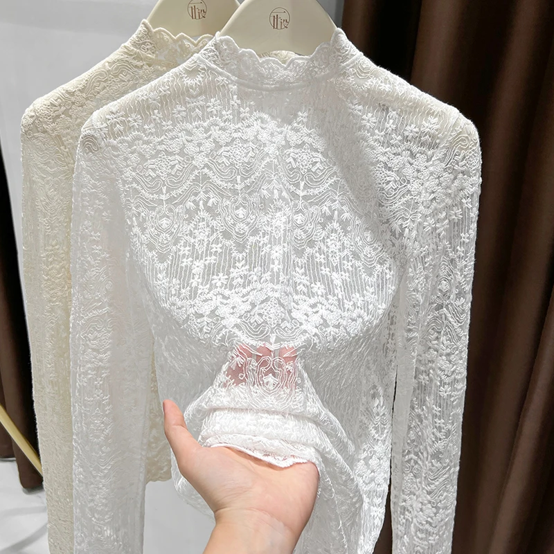 春秋季时尚半高领波浪边修身长袖女百搭纯色气质提花蕾丝薄款上衣