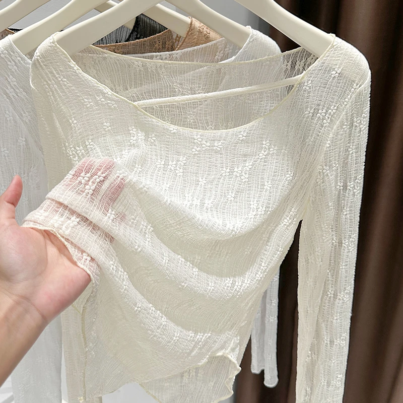 杏色网纱长袖T恤夏季低领口蕾丝衫上衣ins女薄款内搭大圆领打底衫