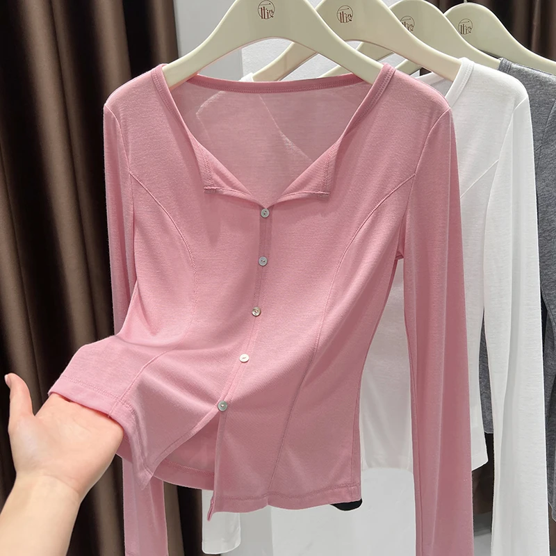 粉色打底衫内搭2025女款修身显瘦时尚百搭翻领长袖T恤气质上衣ins