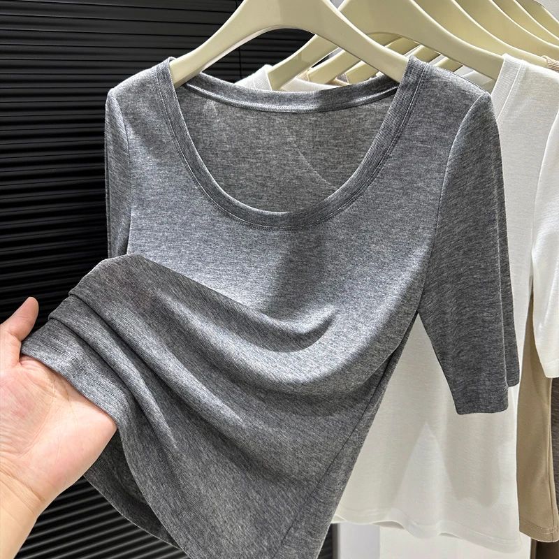 灰色五分袖圆领短袖t恤女夏季新款纯色修身打底衫内搭高级感上衣